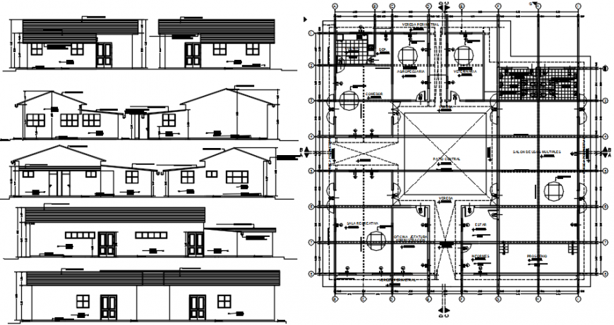 Rural office all sided section and distribution plan cad drawing details dwg file