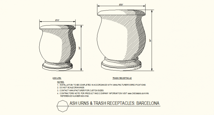 S shaped side ash urns and trash collector bin detail plan dwg file