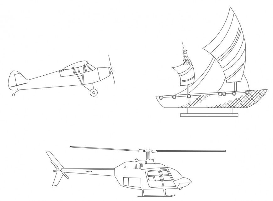 Sail boat, aircraft and helicopter elevation block cad drawing details dwg file