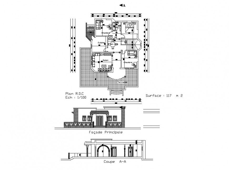Salon building elevation, section and plan details dwg file