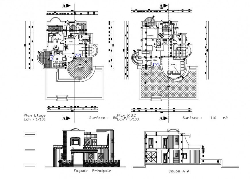 Salon facade elevation, section and floor plan cad drawing details dwg file