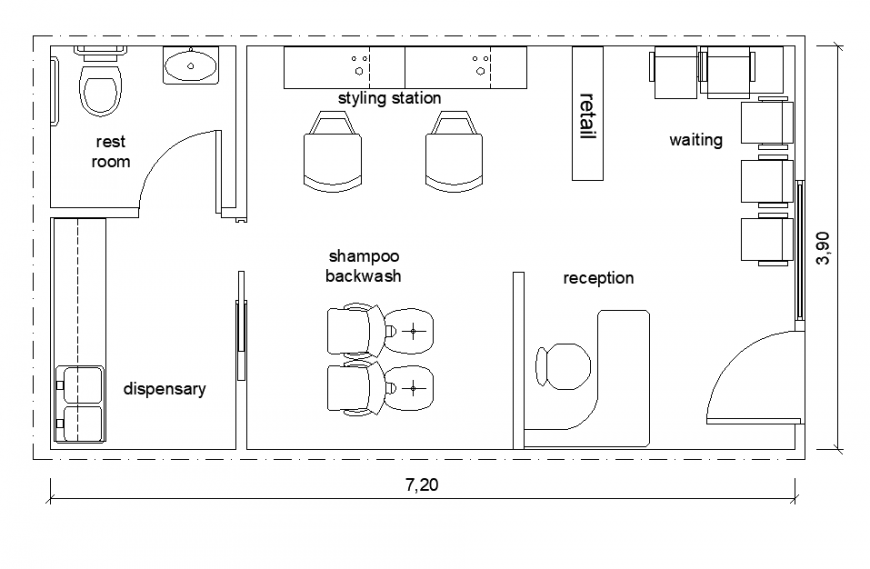 Saloon shop detail elevation and plan layout autocad file