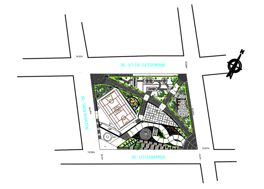 San martin park landscaping structure details with sports ground dwg file
