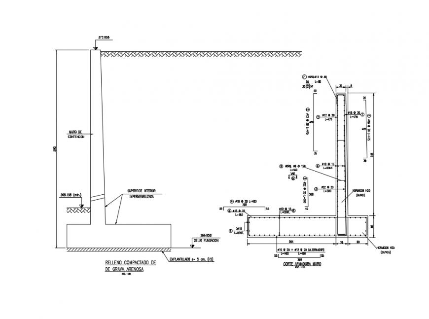 Sandy gravel retaining wall constructive cad drawing details dwg file