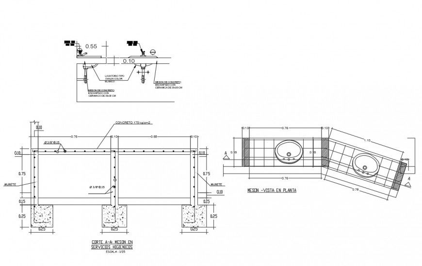 Sanitary constructive section with installation cad drawing details dwg file