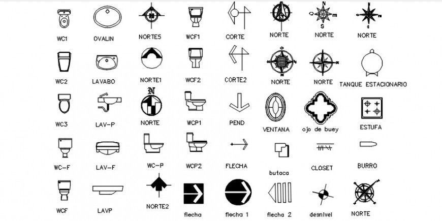 Sanitary equipment and direction blocks cad drawing details dwg file