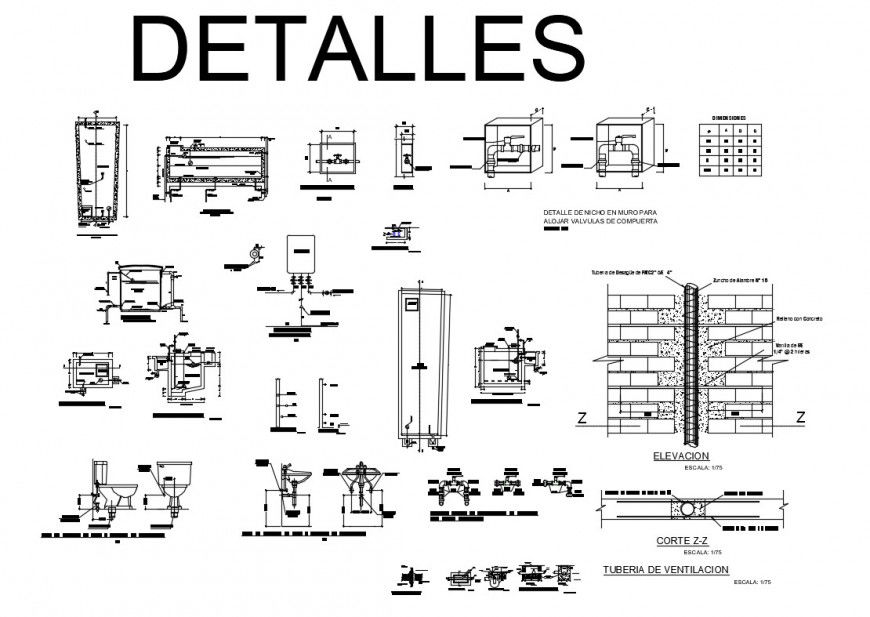 Sanitary facilities elevation, section and installation details of sports center dwg file