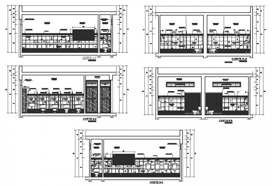 Sanitary facilities of shopping mall all sided sections, plan and installation cad drawing details dwg file