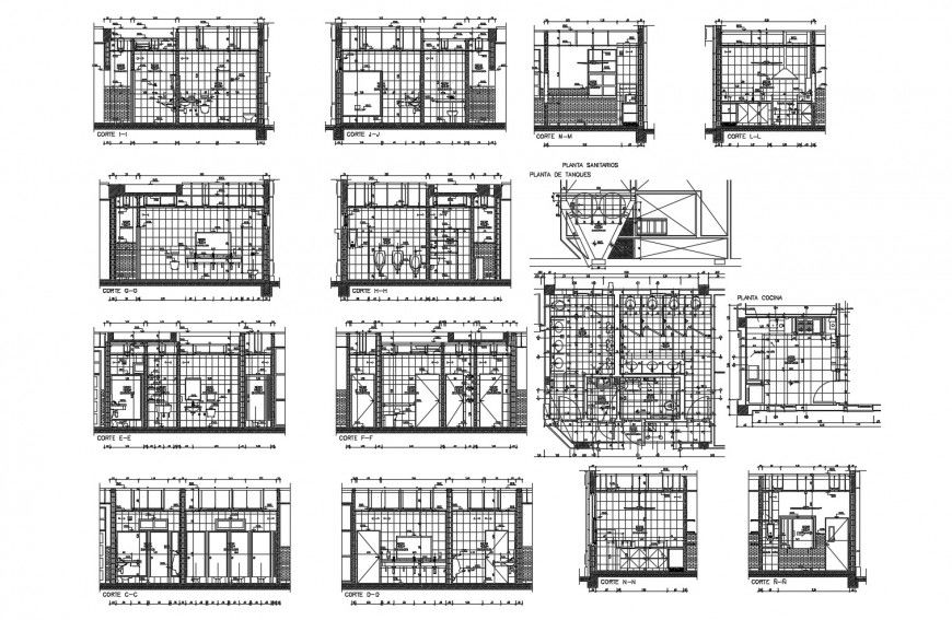 Sanitary facilities of shopping mall sections, plan and installation cad drawing details dwg file