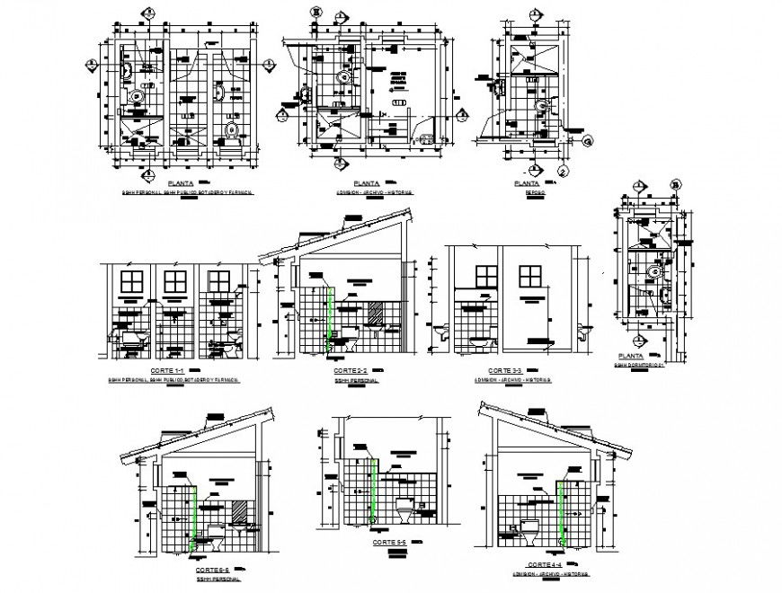 Sanitary facilities of sports center section, plan and installation cad drawing details dwg file