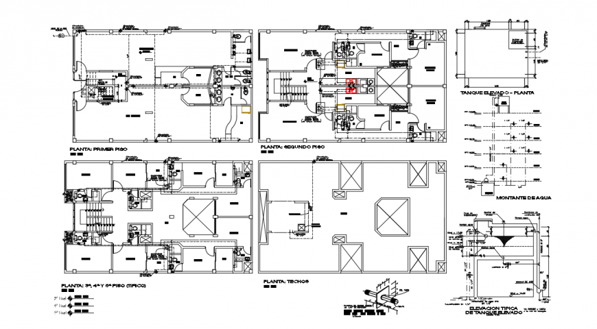 Sanitary facilities plan and installation details for apartment building dwg file