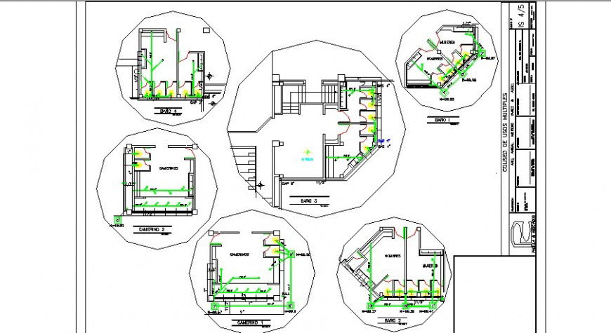 Sanitary facilities plan and installation details of sports center building dwg file