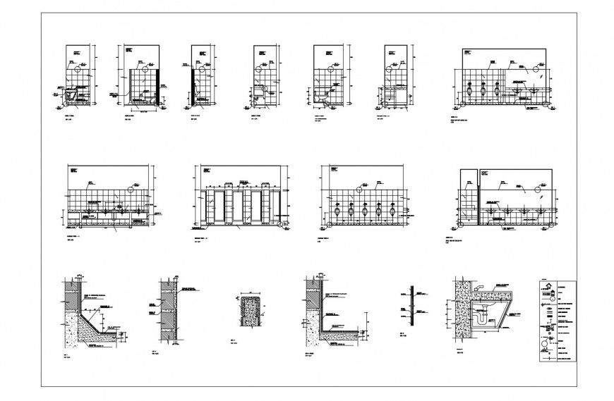 Sanitary facilities section, plan and installation details for sports center building dwg file