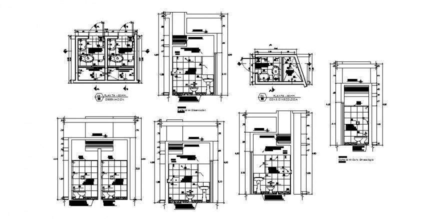 Sanitary facilities section, plan and installation details of hospital building dwg file