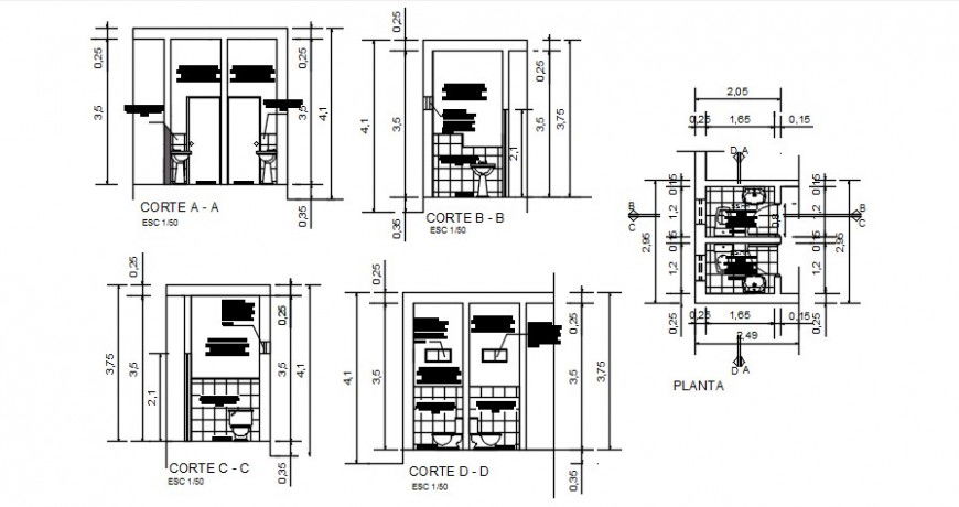 Sanitary facility of bank all sided section and installation drawing details dwg file