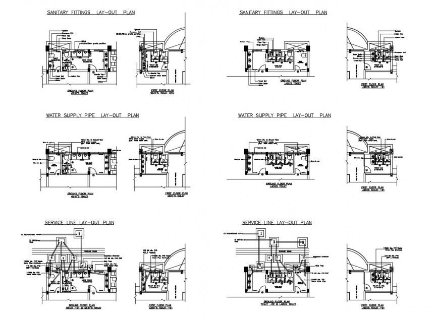 Sanitary fittings, layout and installation cad drawing details dwg file