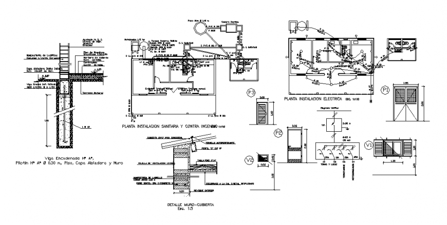 Sanitary installation, electric installation and constructive structure details dwg file