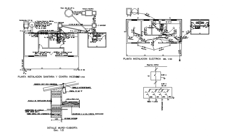 Sanitary installation, electrical installation and construction details of house dwg file