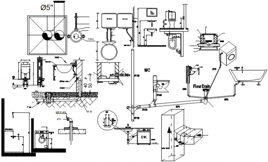 Sanitary installation, plumbing and irrigation drawing details for apartment building dwg file