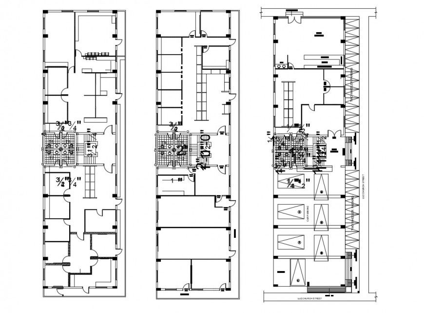 Sanitary installation and plan details of three floors of house dwg file