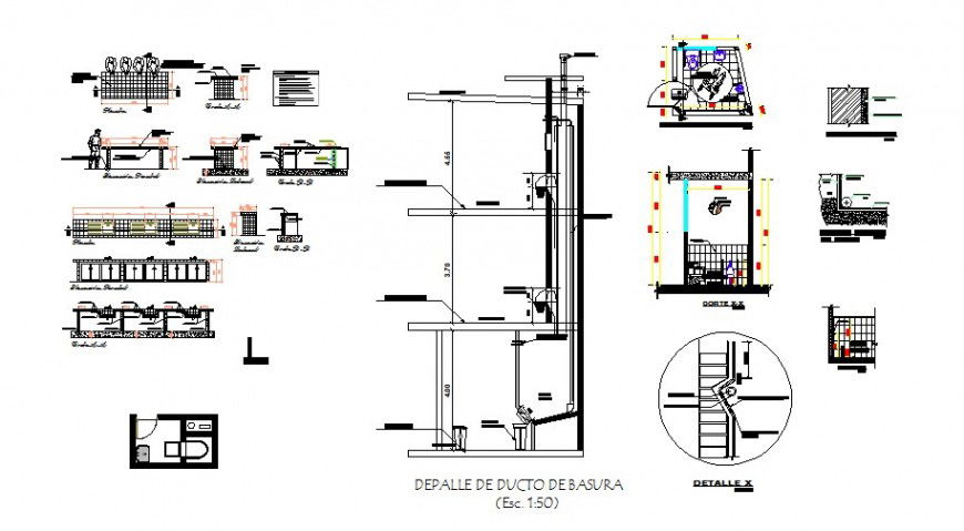 Sanitary installation details with duct and hydraulic system dwg file