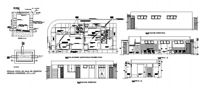 Sanitary installation working plan with elevation and section drawing dwg file