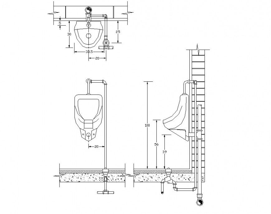 Sanitary men standing water closet detail plan and elevation 2d view layout autocad file