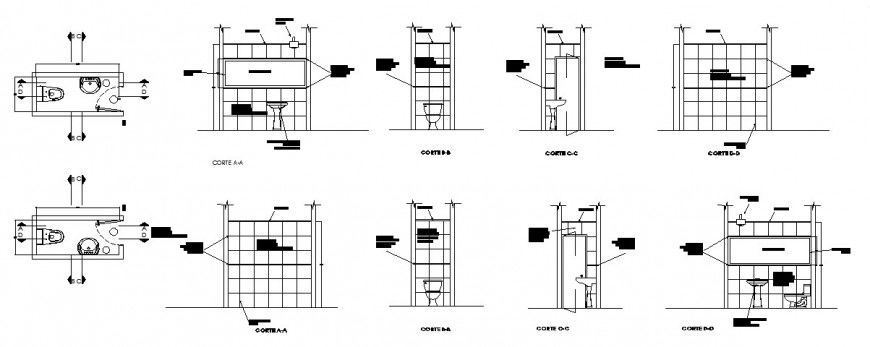 Sanitary multiple section, plan and installation cad drawing details dwg file