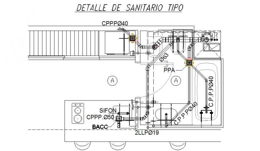 Sanitary piping and installation details of house bathroom dwg file