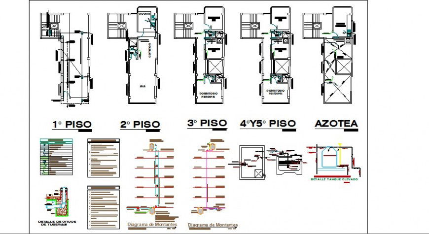 Sanitary plan and installation details of five story apartment building dwg file