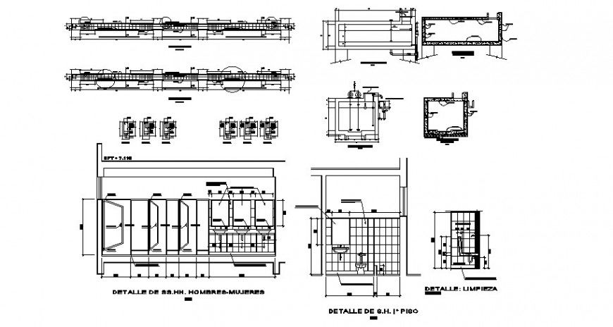 Sanitary public toilet units detail sectional drawing in autocad