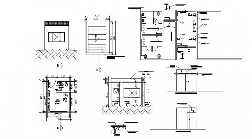 Sanitary section, plan and installation details of office building dwg file