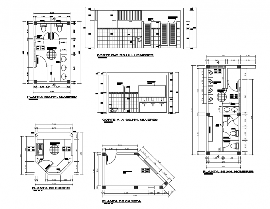Sanitary sections and installation details of sports center dwg file