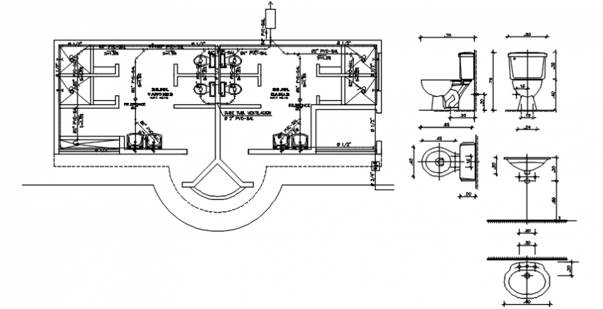 Sanitary services of sports center plan and installation details dwg file