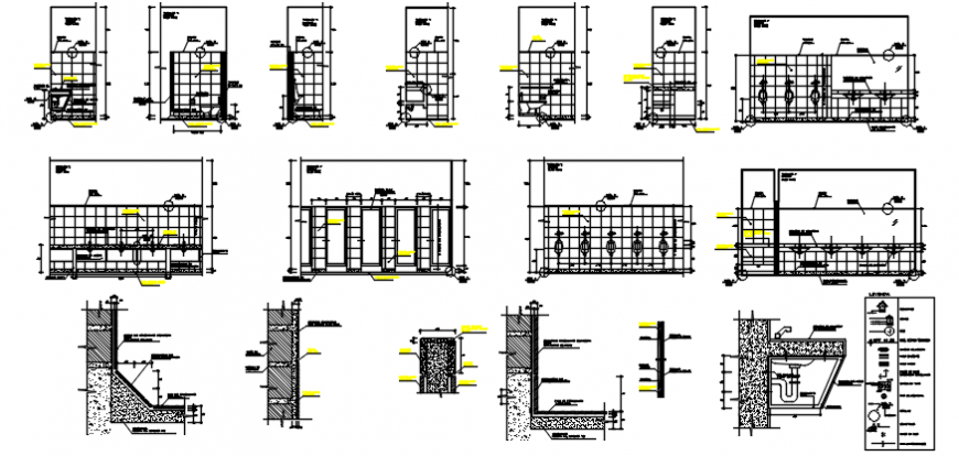 Sanitary services section, plan, installation and structure drawing details dwg file