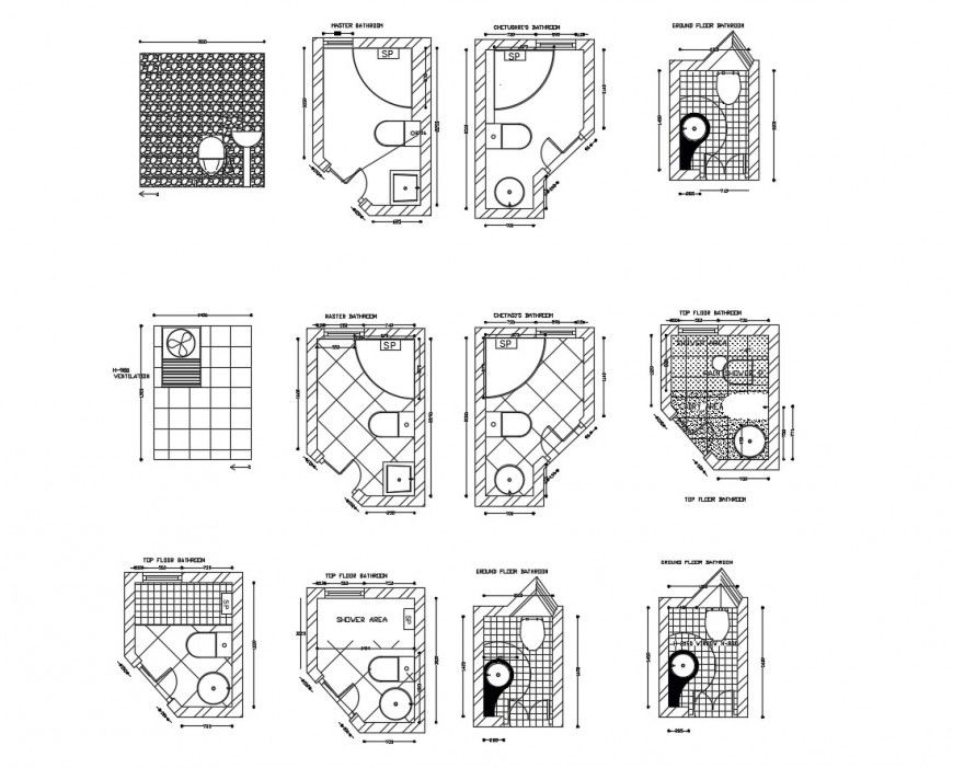 Sanitary services sections, plan and installation cad drawing details dwg file