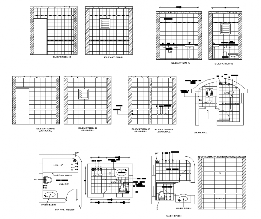 Sanitary toilet and bathroom detail elevation 2d view layout file