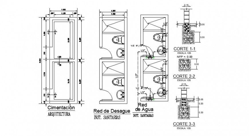Sanitary toilet and bathroom plan and sectional detail 2d view autocad file