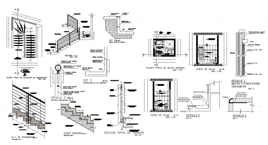 Sanitary toilet and staircase structure detail 2d view layout file