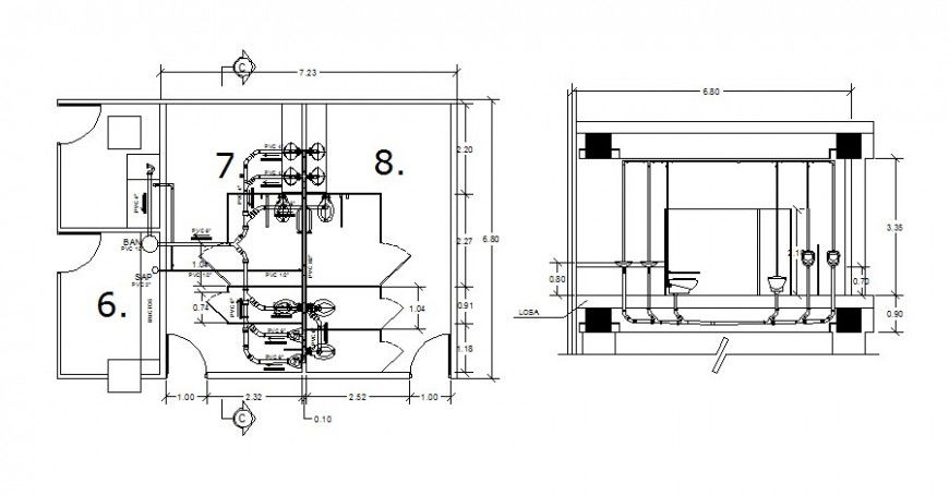 Sanitary toilet area plan and cutout section in autocad