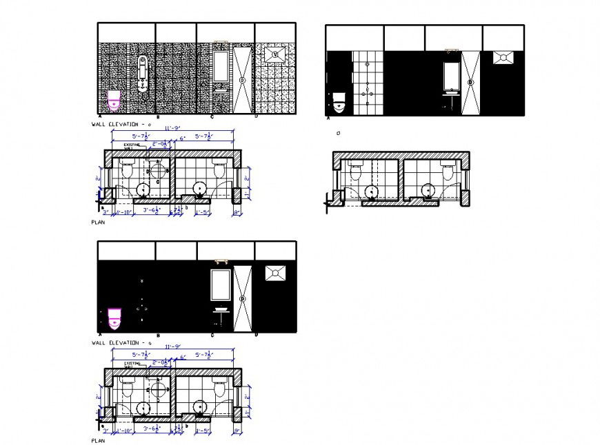 Sanitary wall elevation, section, plan and installation details dwg file