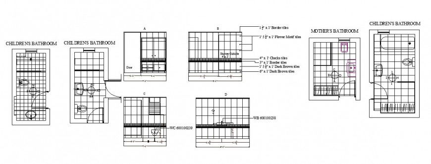 Sanitary washroom area detail plan and elevation drawing