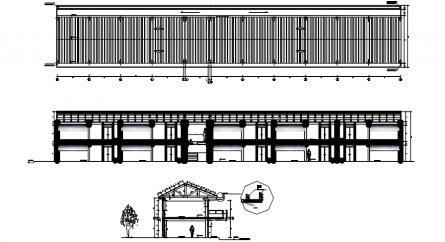 School building elevation, roof section and structure details dwg file