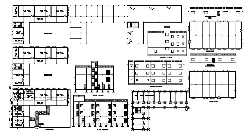 School building elevation, section, floor plan, foundation structure and construction details dwg file