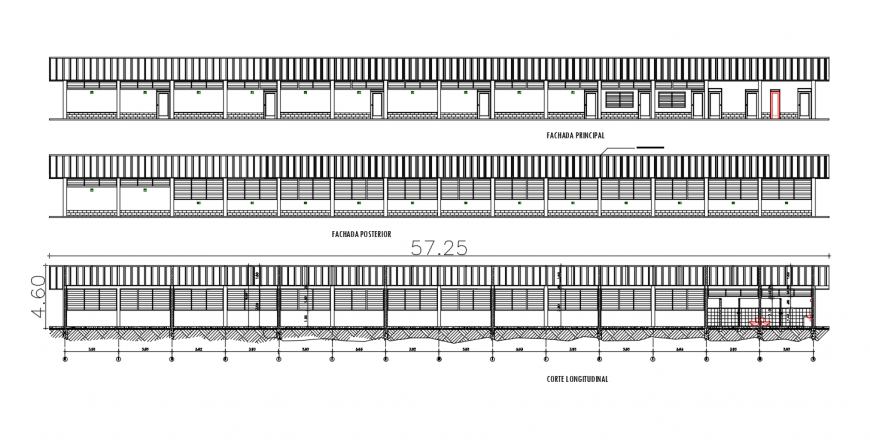 School building main and back elevation with longitudinal section drawing details dwg file