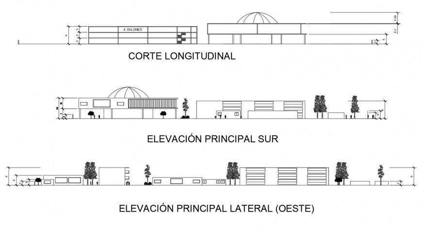 School building main elevation and section and back elevation details dwg file