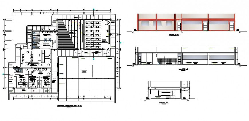 School Building work plan elevation and section drawing in autocad