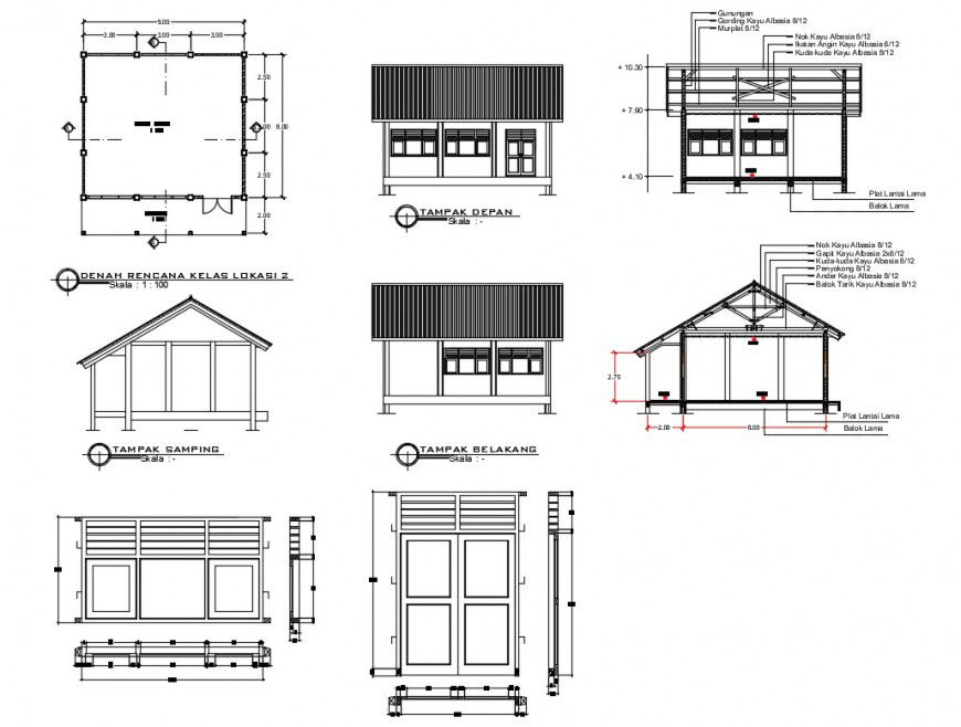 School classroom elevation and constructive section details dwg file