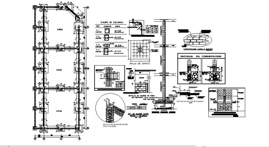 School classroom foundation plan and several construction cad drawing details dwg file