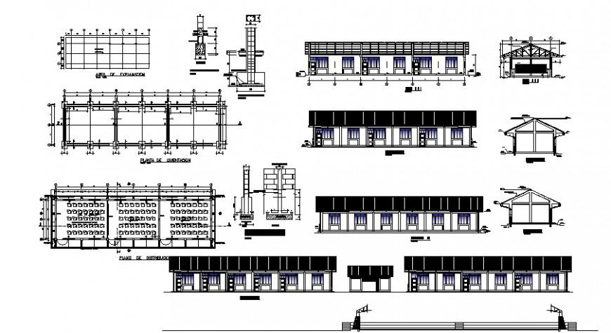School classrooms elevation, section, plan and structure details dwg file